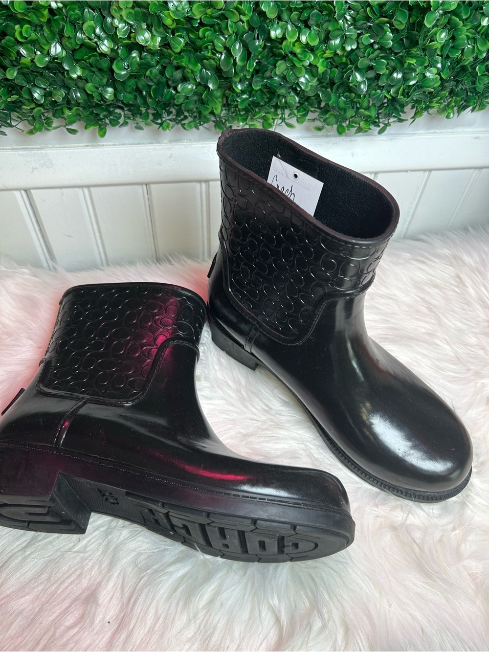Coach Black Short Ankle Rain Boots with Signature Pattern
